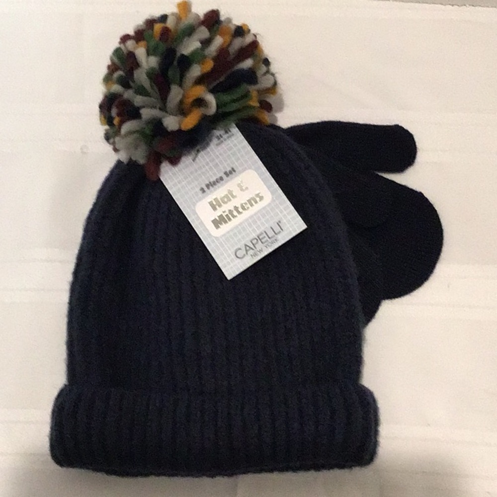 Capelli of New York Black Knit Accessory 2 piece set hat and mittens